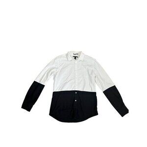 men’s White & Black Colorblock Button-Up Long Sleeve Shirt Top Size S